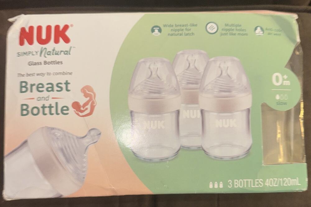 Baby Bottles Glass NUK Simply Natural 4 oz 3ct Breast And Bottle 0+m Slow Flow